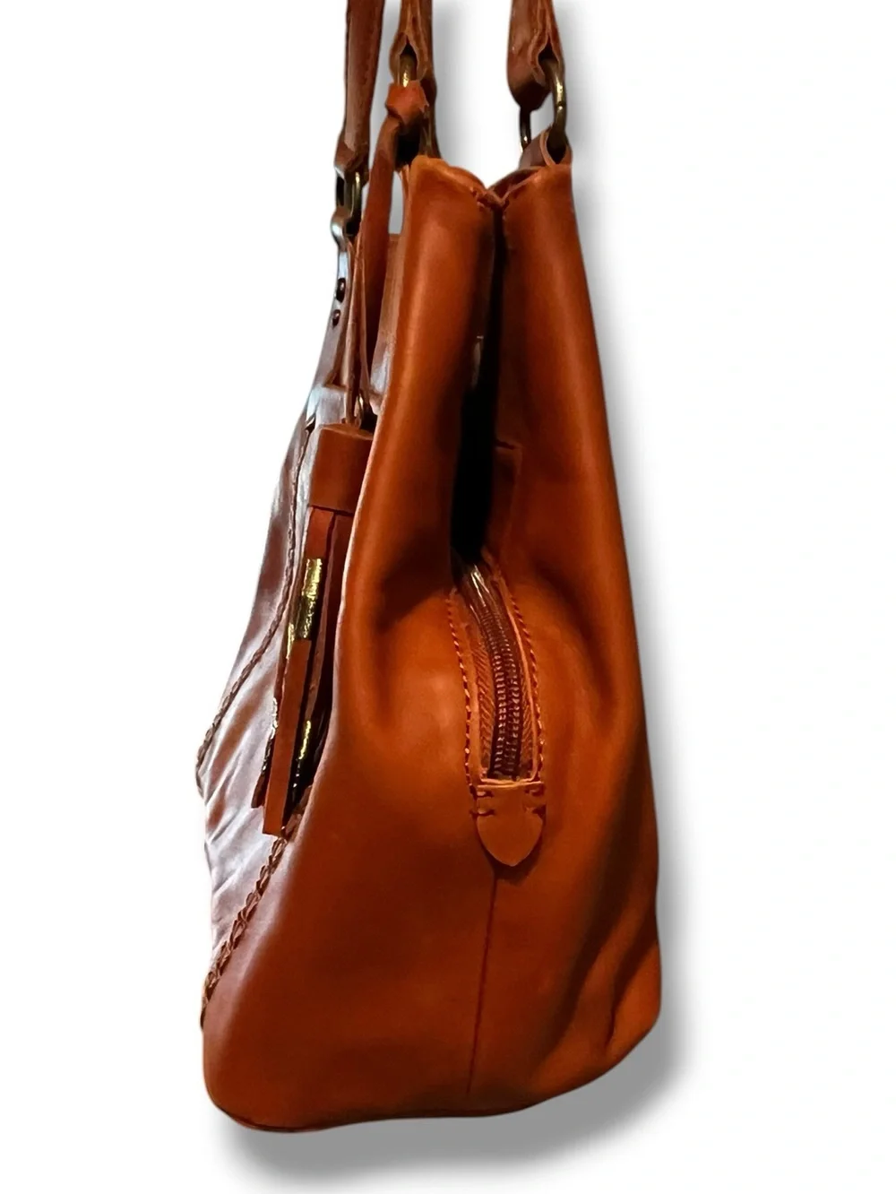 The Sak Melrose Shoulder Bag Purse Brown Leather Tassel Charm Many Pockets
